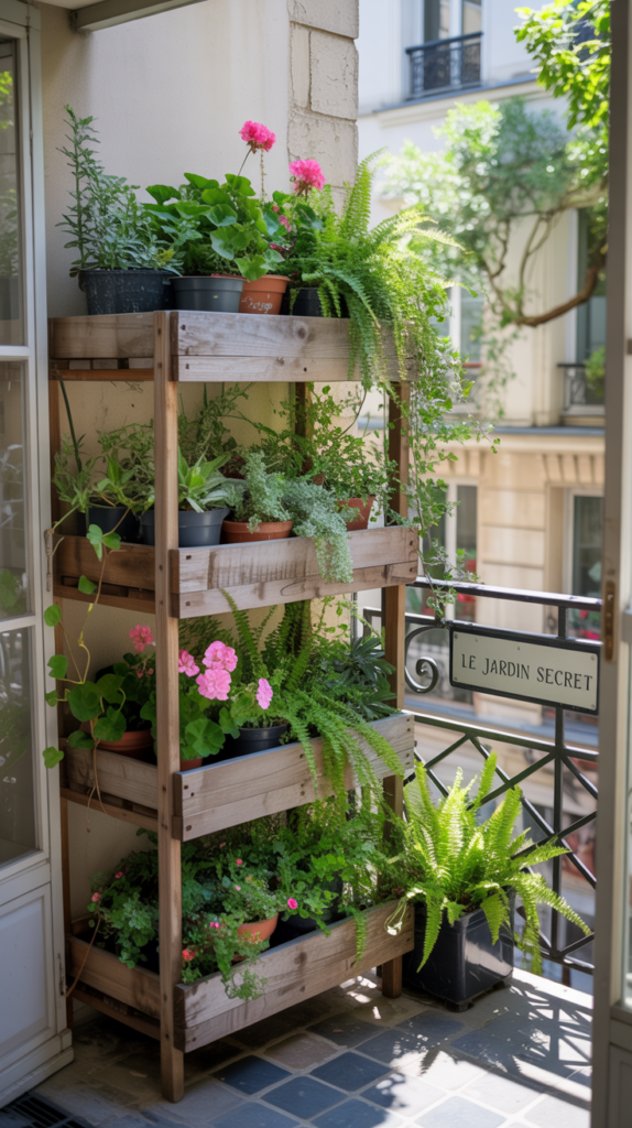 A wooden multi-tiered shelving unit filled with various potted plants on a small balcony.