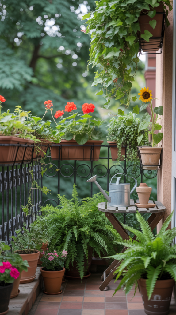 A small balcony filled with various potted plants, showcasing container gardening.