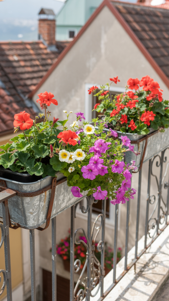 Colorful flowers in rail planters on a balcony railing