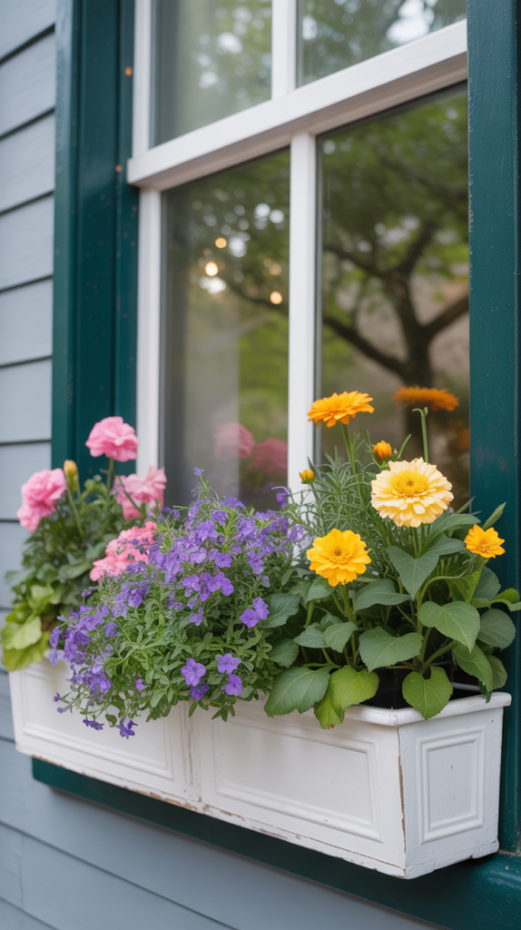 A white window box filled with colorful flowers, placed under a window.