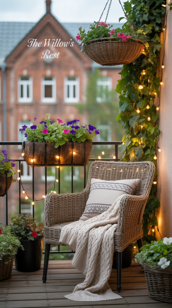 Cozy balcony with string lights and plants.