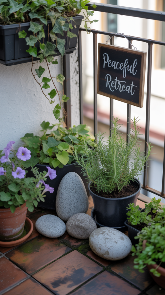 A small balcony garden featuring rocks, plants, and a calming aesthetic.
