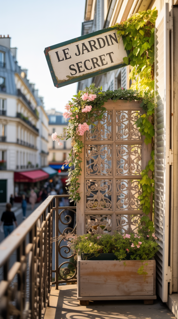 A decorative screen with climbing plants on a small balcony.