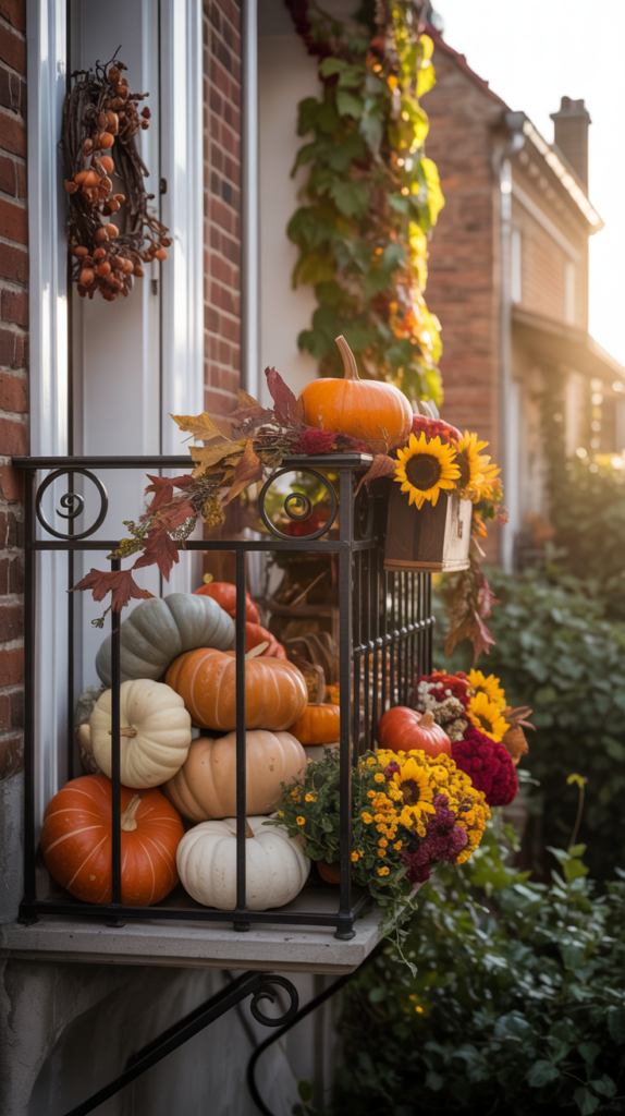 A small balcony decorated with pumpkins, flowers, and wreaths for seasonal decor.