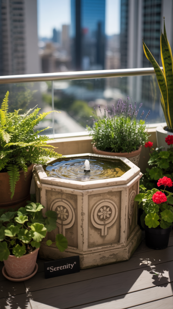 A small octagonal water feature surrounded by potted plants on a balcony.