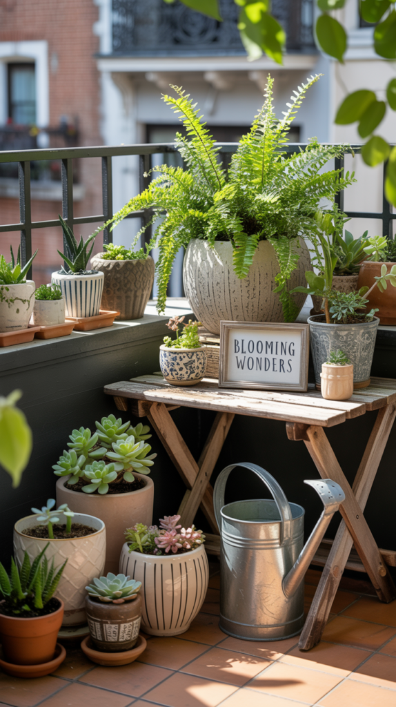A variety of artistic planter arrangements on a small balcony, showcasing different shapes and sizes of pots with lush greenery.
