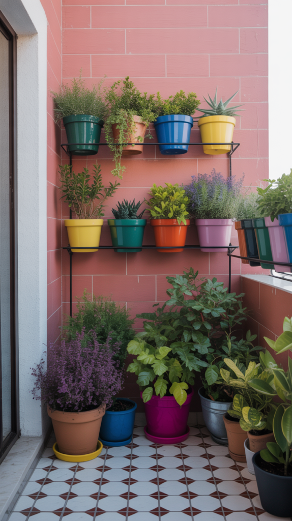 A small balcony garden with colorful plants and pots against a pink wall.