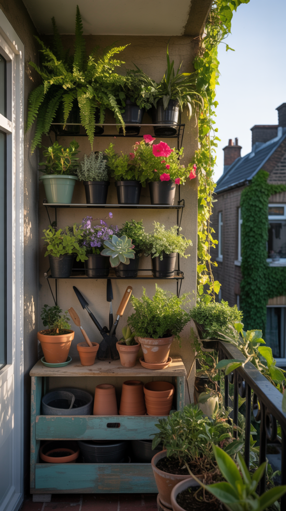 A small balcony with hanging shelves and a storage unit underneath.