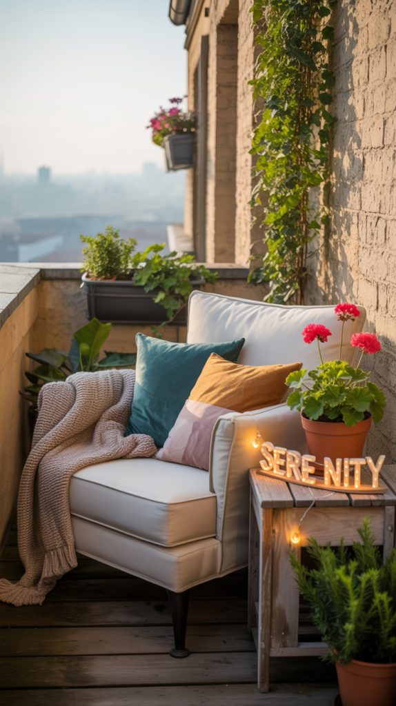 A cozy balcony nook with cushions, plants, and a warm throw.