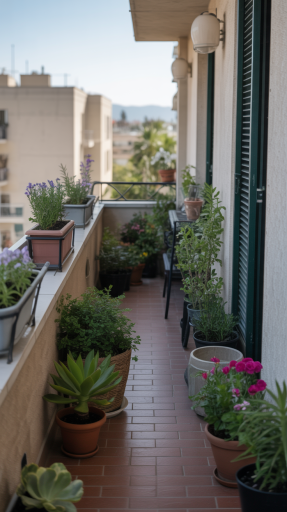 A small balcony garden with various potted plants and flowers.