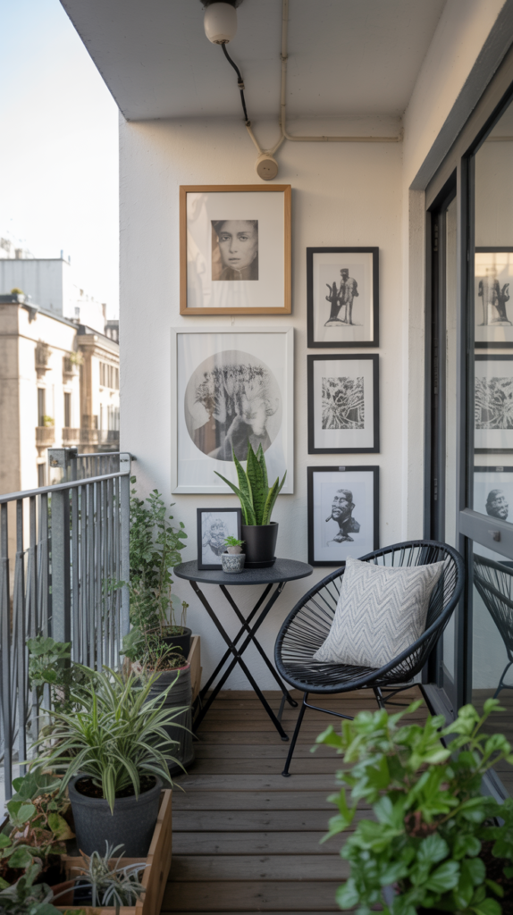 A small balcony garden featuring various plants and artwork, including framed prints and sculptures.