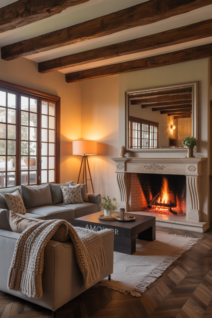 A cozy living room featuring a stone fireplace, wooden ceiling, and modern furniture.