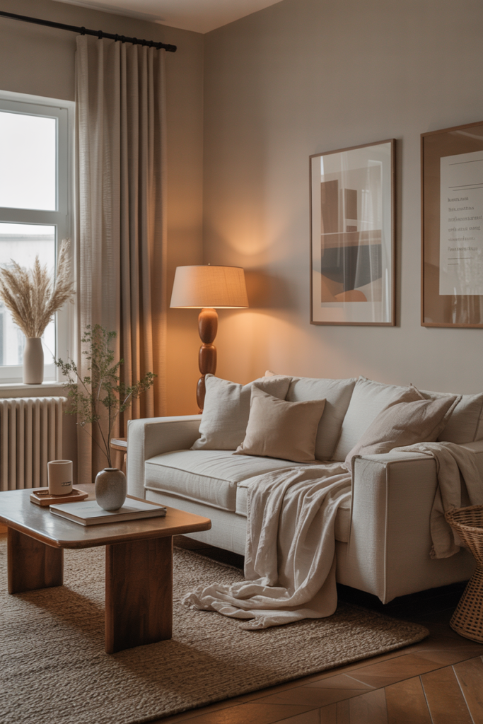 Cozy minimalist living room with warm neutrals and textured fabrics