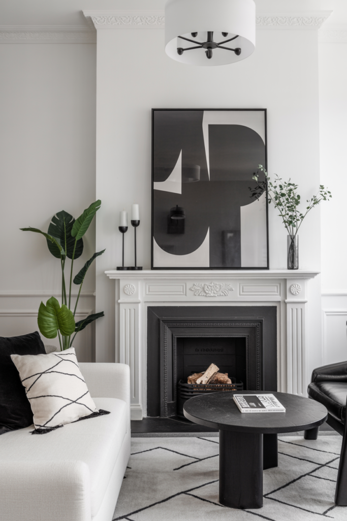 A minimalist living room featuring monochrome decor and a statement art piece above the fireplace.