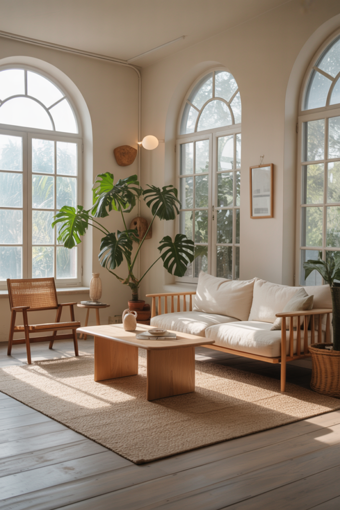 A cozy minimalist living room with large windows, light wood furniture, and a potted plant.