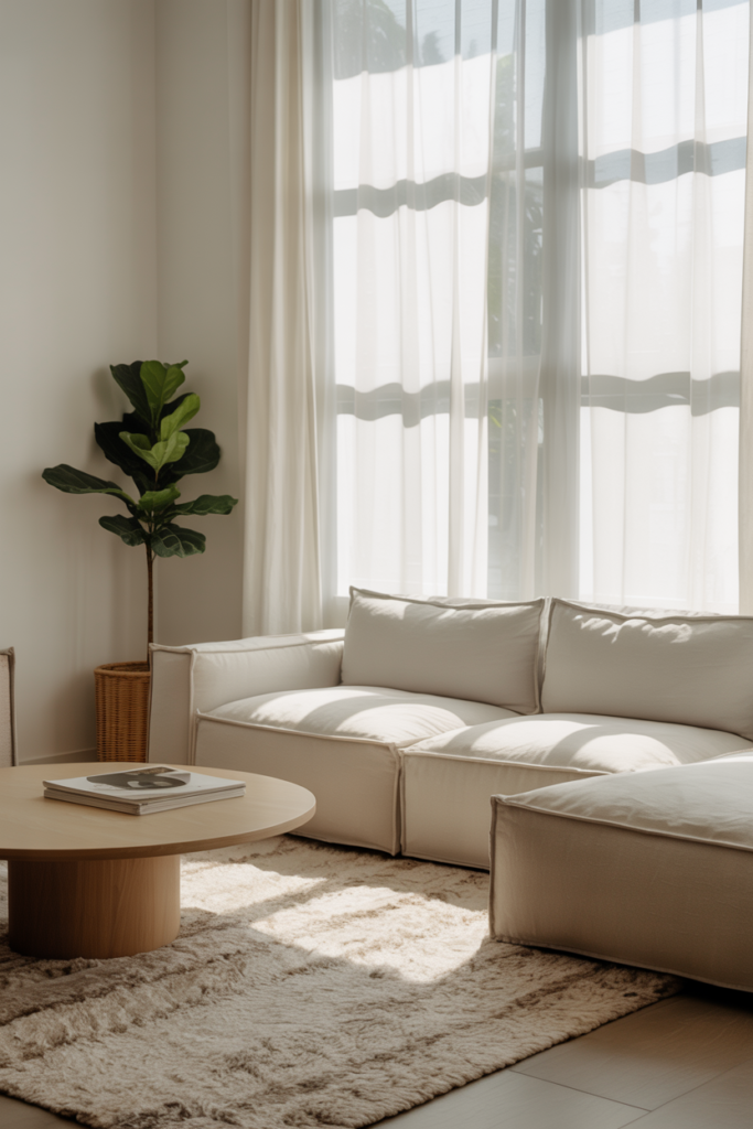 A cozy minimalist living room featuring light-colored sofas, a round coffee table, and large windows with natural light.