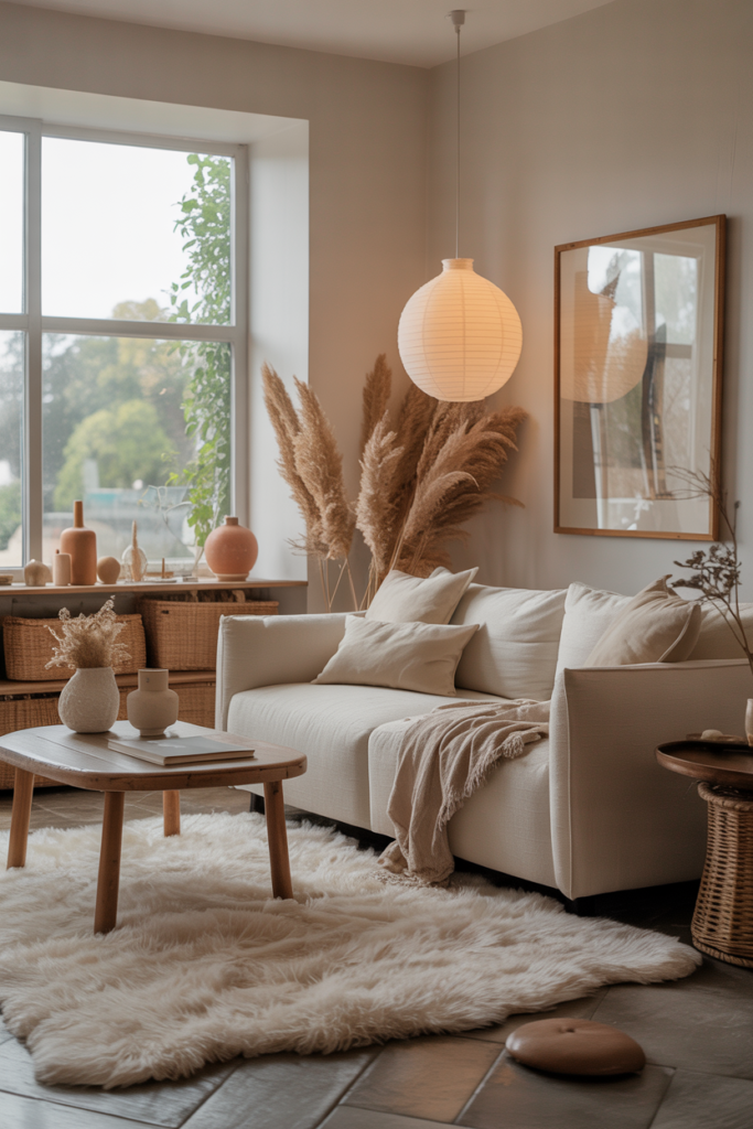 A cozy minimalist living room with a beige sofa, fluffy rug, and natural decor elements.