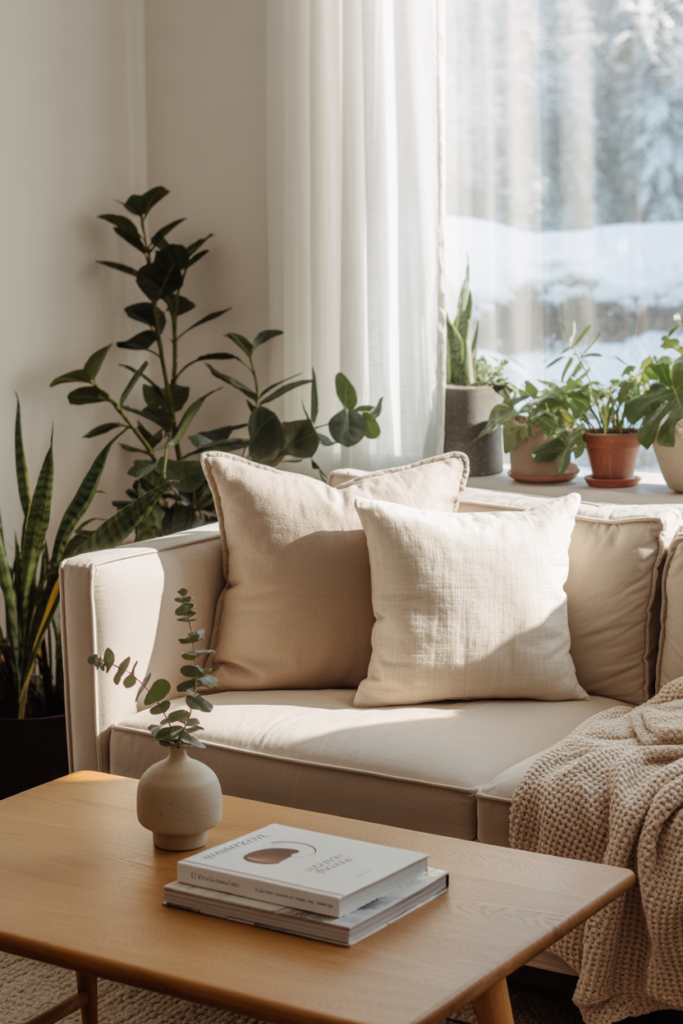 Cozy minimalist living room with earthy tones, a beige sofa, green plants, and a wooden coffee table.