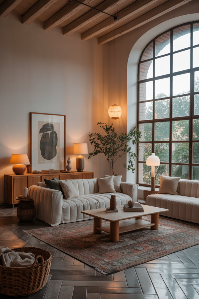 A cozy minimalist living room with high ceilings, large windows, and stylish furniture.