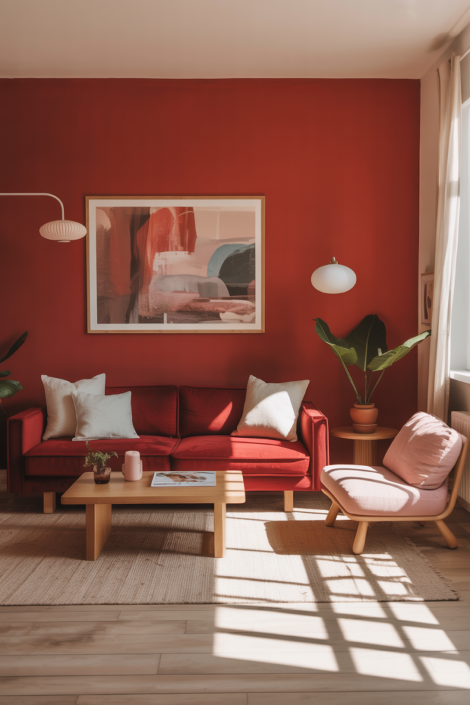 A cozy minimalist living room with a bold red wall, red sofa, light pink chair, and natural light.