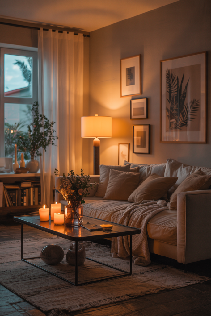 A cozy living room with soft lighting from candles and lamps, featuring a plush sofa and a warm atmosphere.