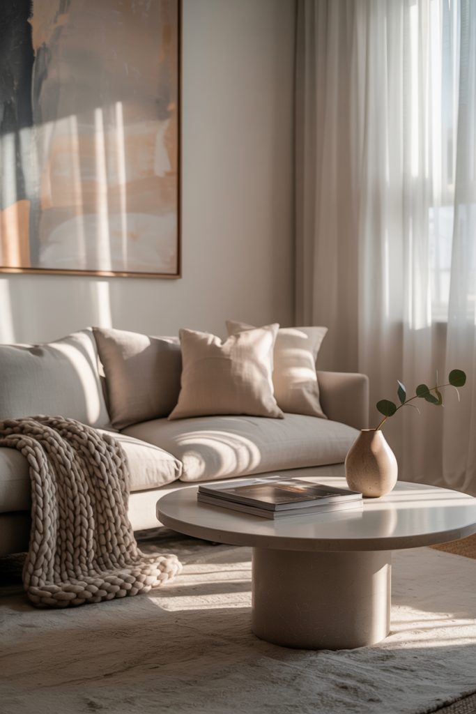 Cozy minimalist living room with a neutral color palette, a comfortable sofa, and stylish decor.