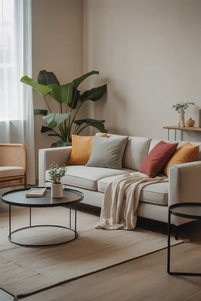 A cozy minimalist living room featuring a gray sofa with colorful cushions, a round coffee table, and a plant, all set against a light background.