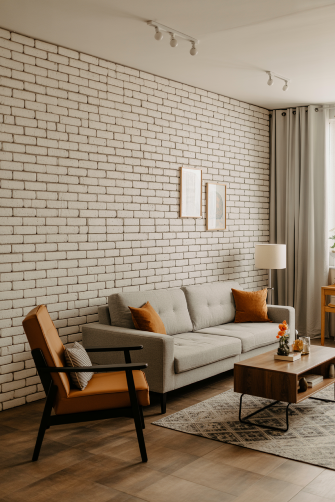 A cozy minimalist living room featuring a textured white brick wall, a gray sofa, an orange chair, and a wooden coffee table.