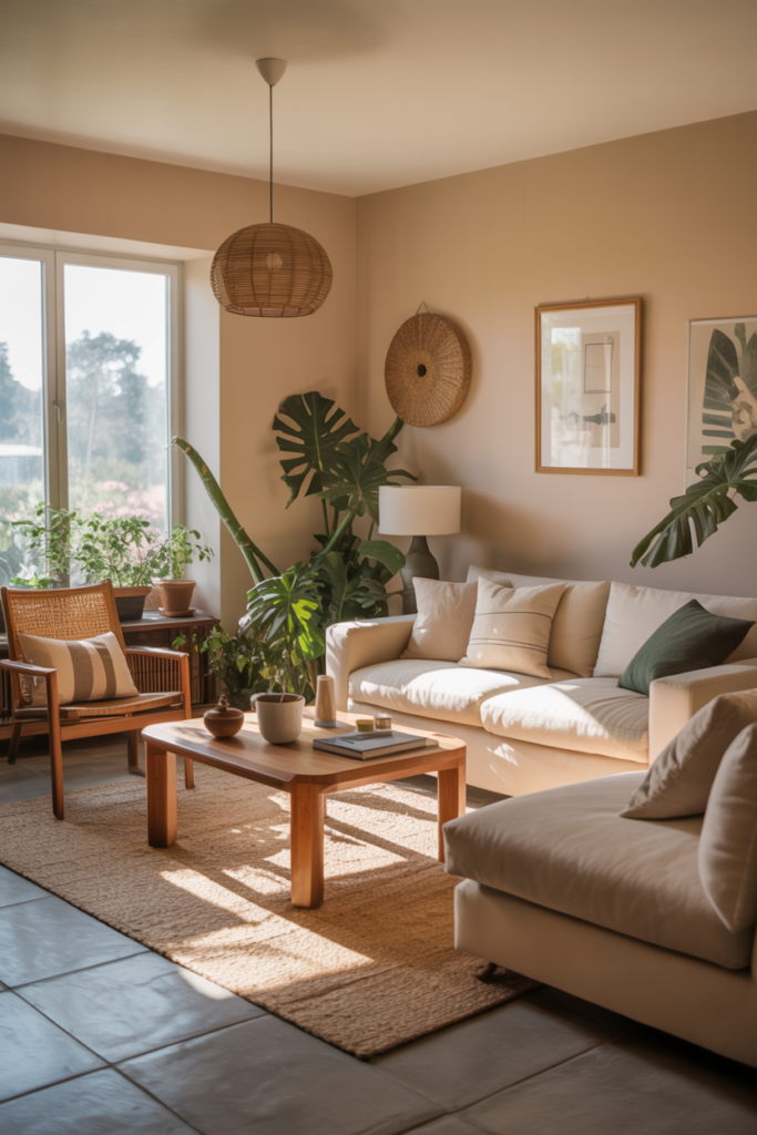 Cozy minimalist living room with comfortable furniture arrangement, natural light, and plants.