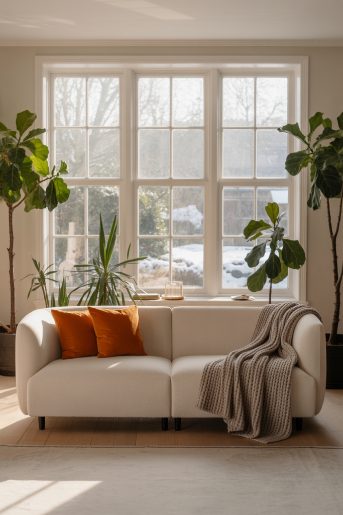 Cozy minimalist living room with large windows, plants, and orange cushions