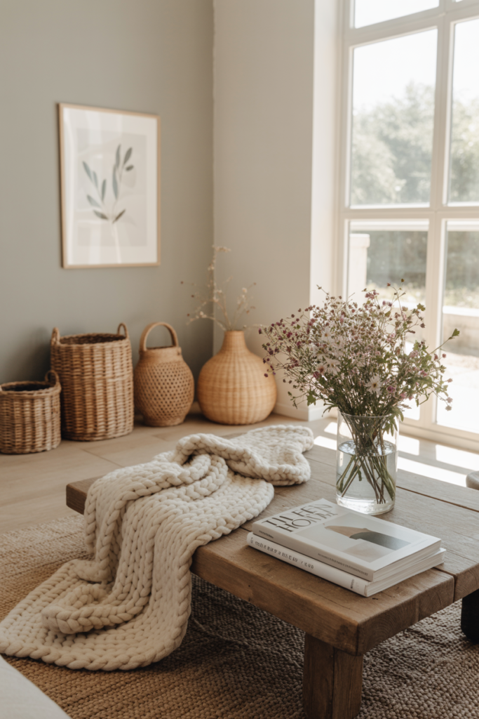 A cozy minimalist living room featuring handmade decor, woven baskets, and a wooden coffee table.