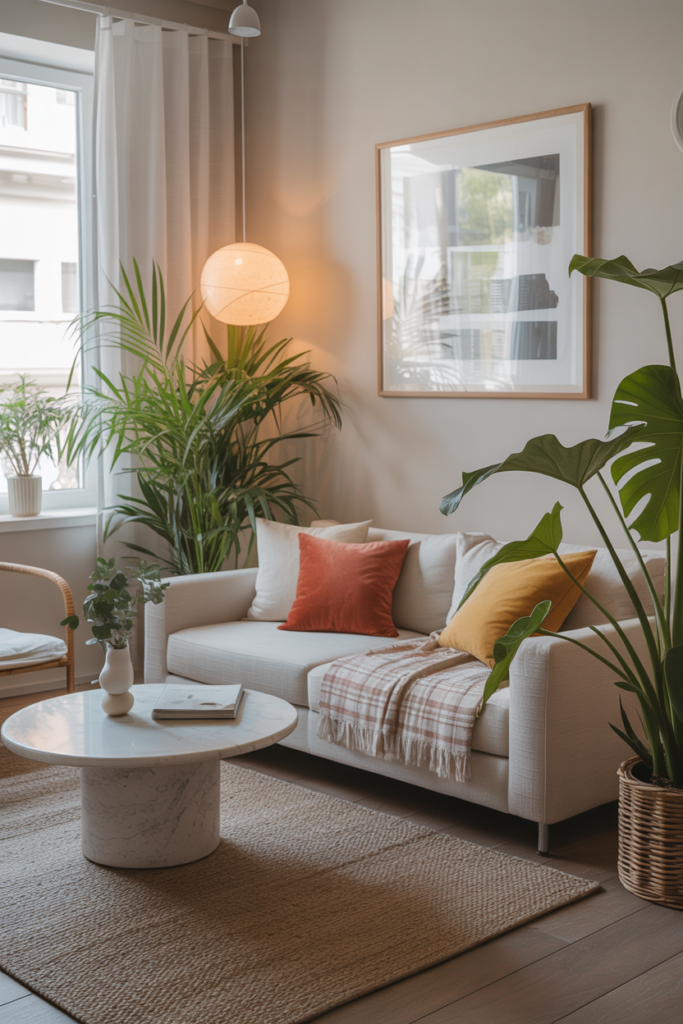A cozy minimalist living room featuring a light color palette, a comfortable sofa with colorful pillows, a round coffee table, and plants.