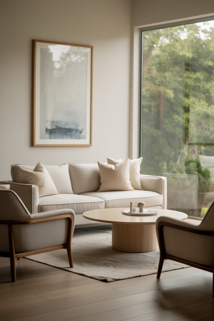 A cozy minimalist living room featuring a light sofa, armchairs, a round coffee table, and wall art.