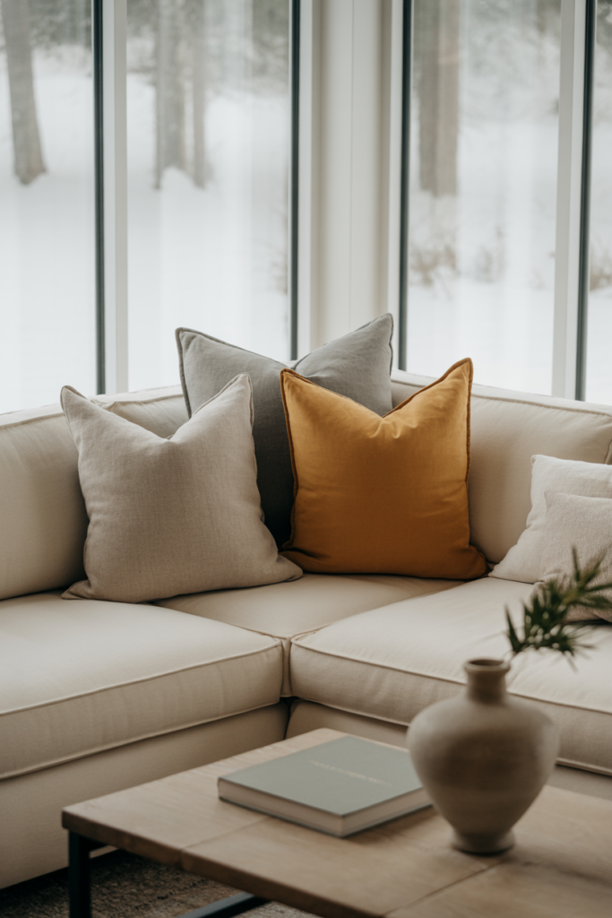 Cozy minimalist living room with neutral textiles and a pop of color