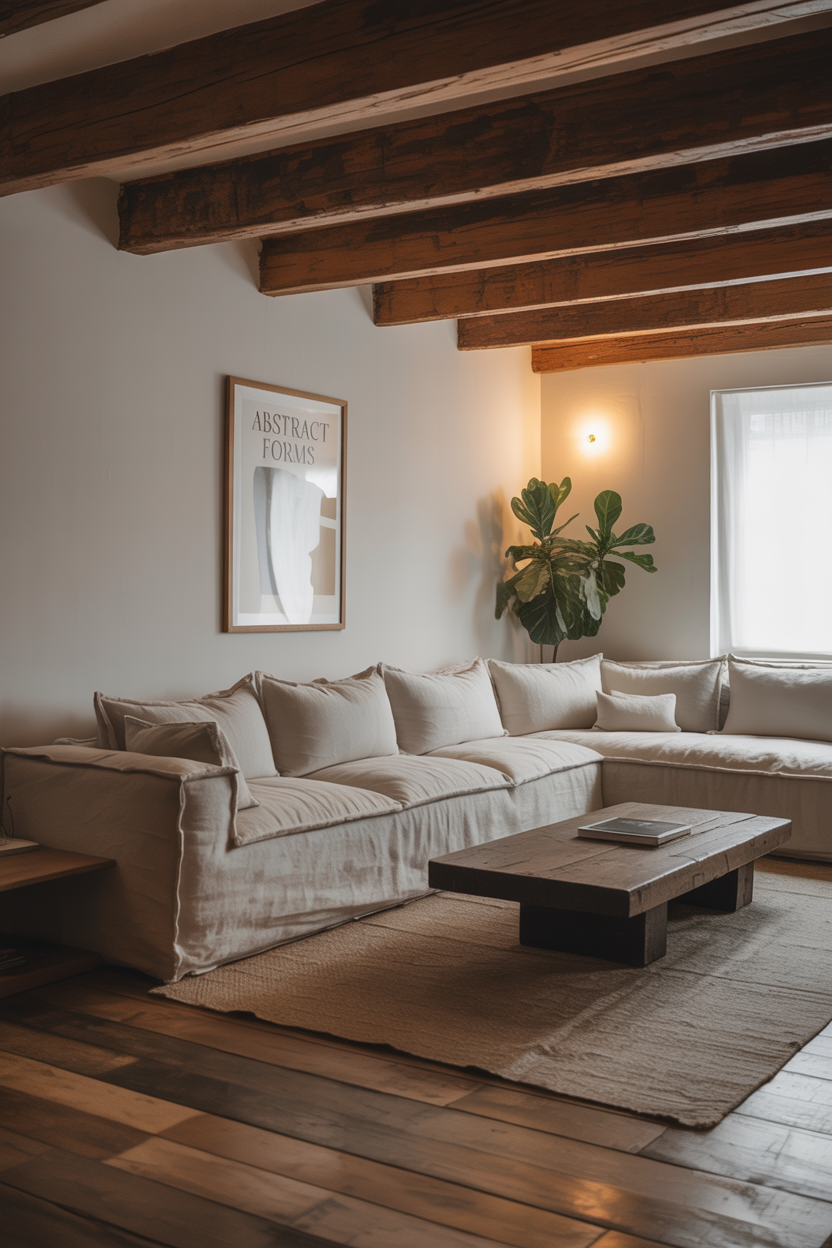 Cozy minimalist living room with warm wood accents, featuring wooden beams, furniture, and soft lighting.