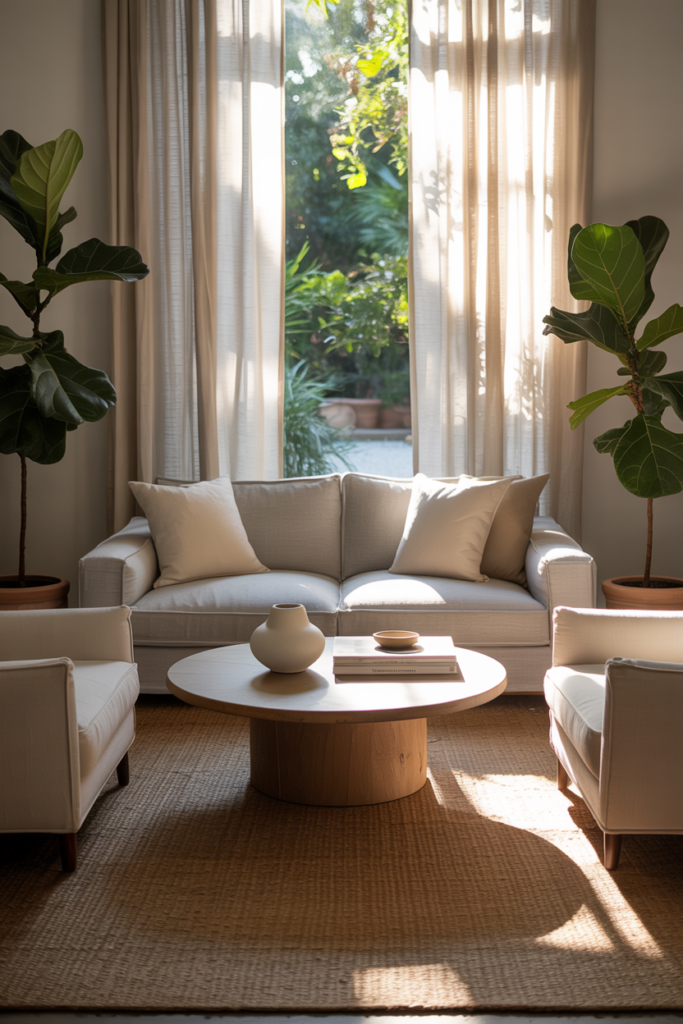 A cozy minimalist living room with a neutral sofa, two armchairs, and a round coffee table surrounded by plants.