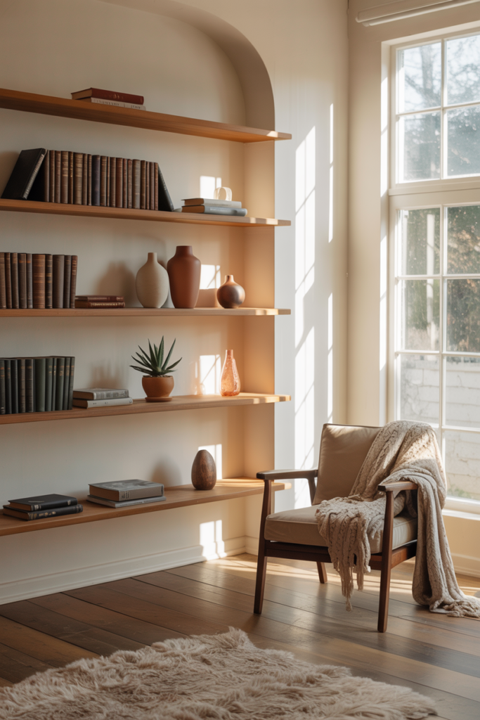 A cozy minimalist living room with curated shelving displaying books and decorative items.