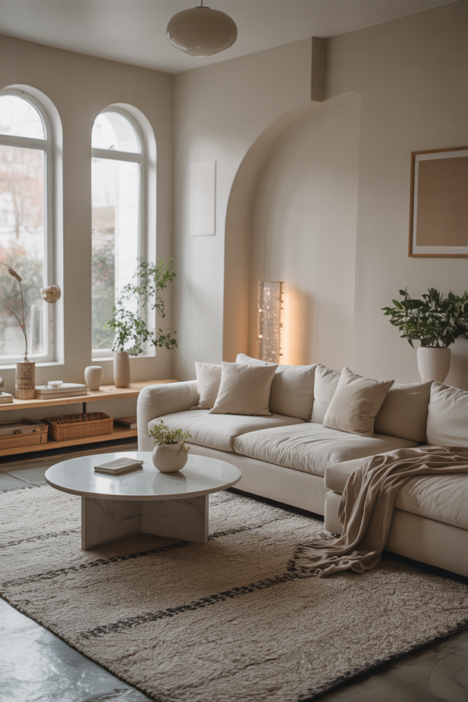 A cozy minimalist living room featuring a light-colored rug, a sectional sofa, and a round coffee table.