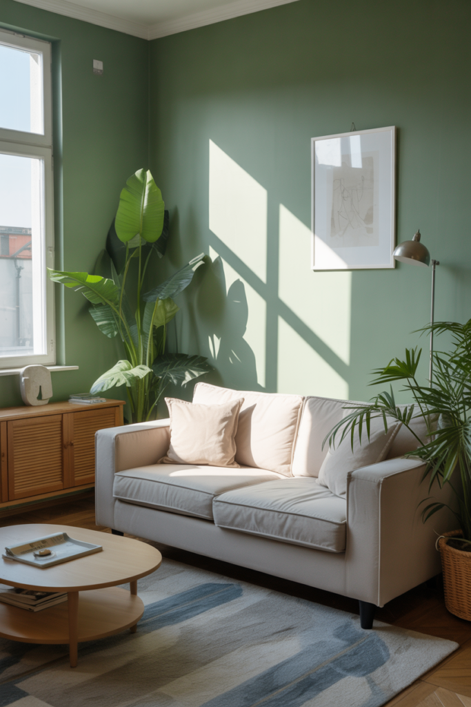 A cozy minimalist living room with mint green walls, soft furniture, and natural light.