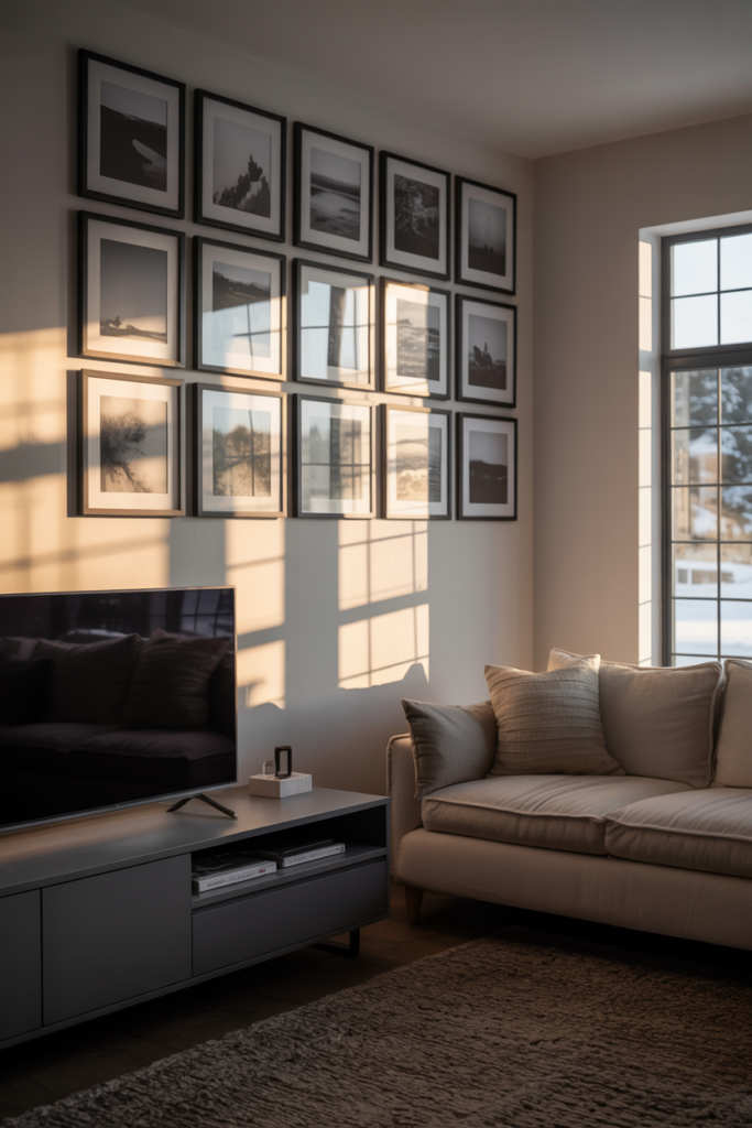 A cozy minimalist living room featuring a gallery wall with black-and-white framed images, a TV stand, and modern furniture.