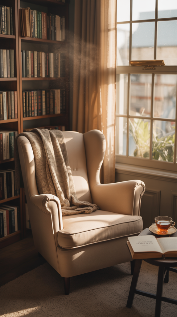 A cozy reading nook with a comfortable chair, a bookshelf filled with books, and sunlight streaming through a window.