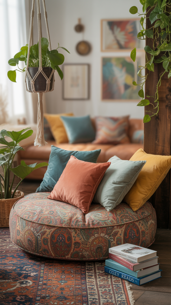 A cozy reading nook featuring colorful bohemian floor cushions, a patterned rug, hanging plants, and books.