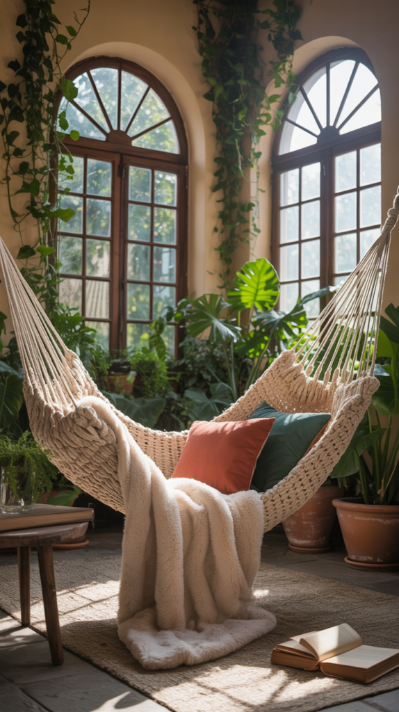 A cozy reading nook with a hammock surrounded by lush green plants and large windows.