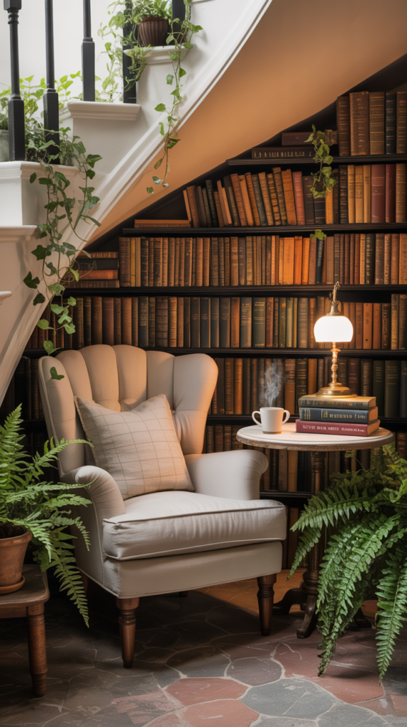 Cozy reading nook under the stairs with bookshelves, a chair, and plants.