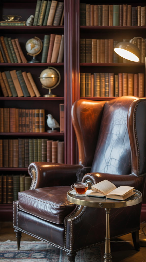 A cozy vintage reading nook featuring a leather armchair and wooden bookshelves filled with books and decorative items.