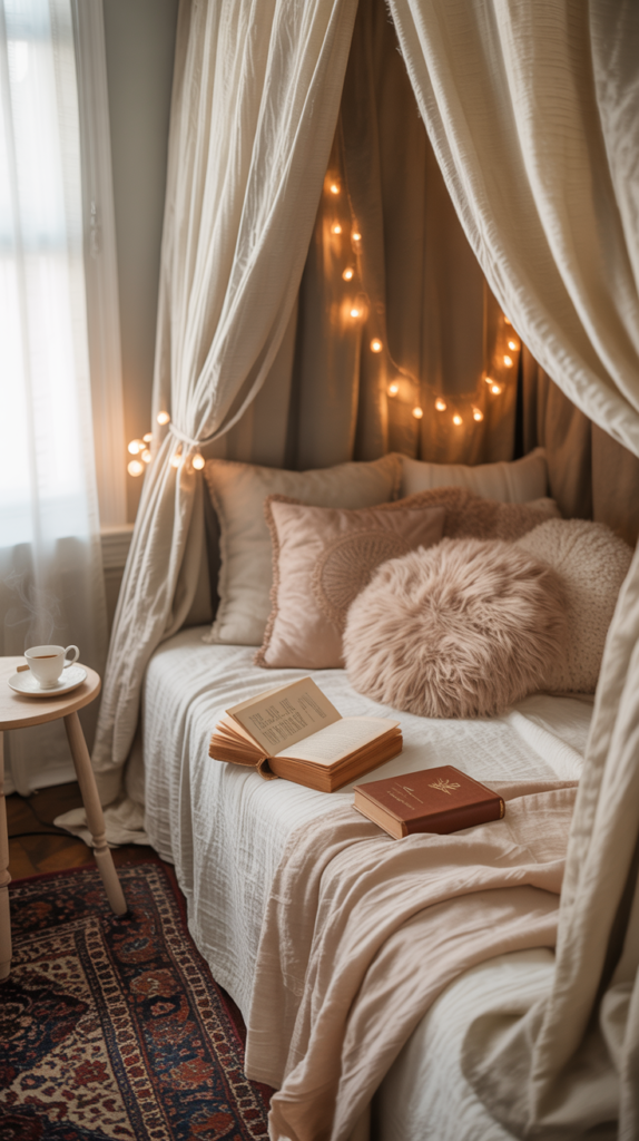 A cozy canopy bed nook with soft blankets, pillows, and fairy lights