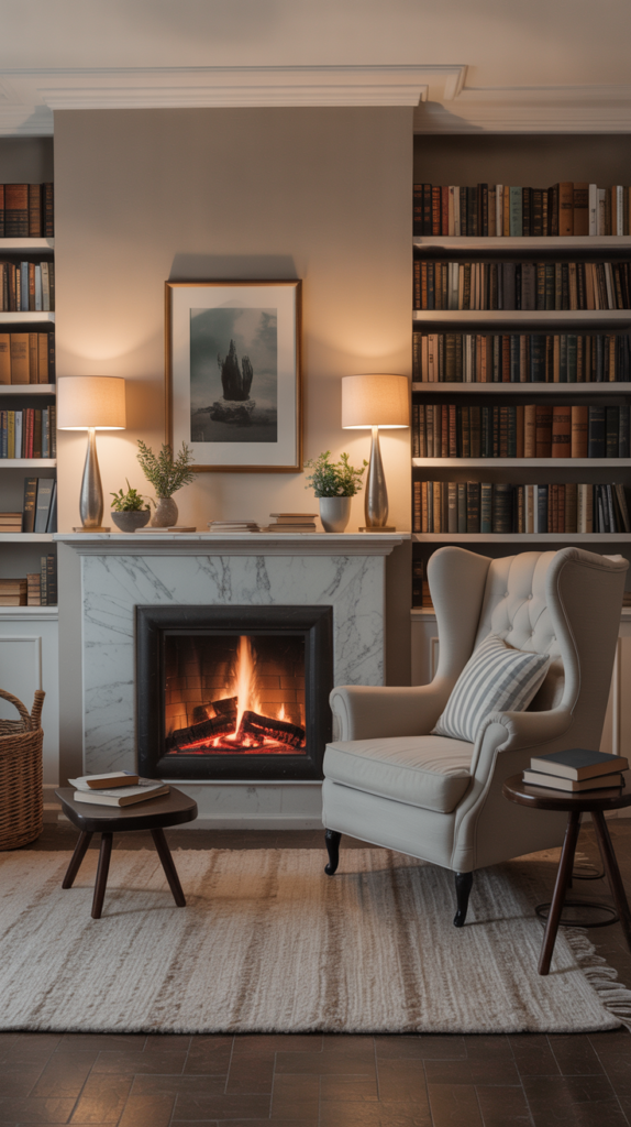Cozy reading nook with a fireplace, bookshelves, and a comfortable armchair.