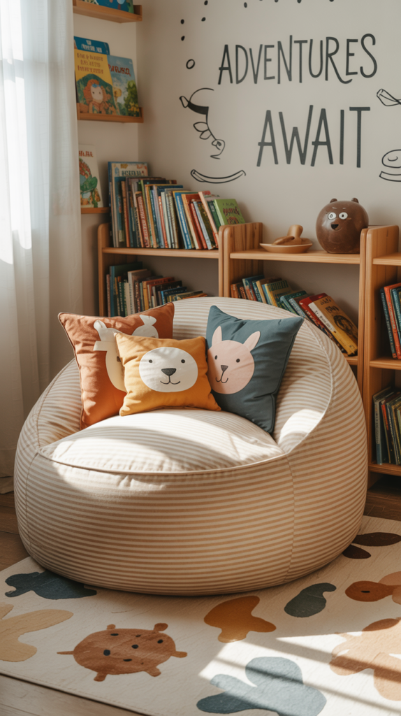 A colorful kids' reading corner with bean bags, a bookshelf, and playful wall decorations.