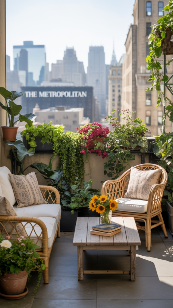 A cozy urban balcony with a sofa, chairs, plants, and a coffee table, overlooking a city skyline.