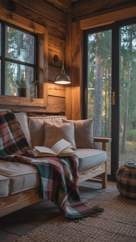 Cozy reading nook in a rustic cabin with wooden walls, a couch with a plaid blanket, and a large window showing a forest view.